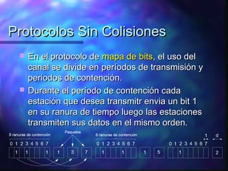 Protocolos Sin ColisionesProtocolos Sin Colisiones
 En el protocolo deEn el protocolo de mapa de bitsmapa de bits, el uso del, el uso del
canal se divide en períodos de transmisión ycanal se divide en períodos de transmisión y
periodos de contención.periodos de contención.
 Durante el período de contención cadaDurante el período de contención cada
estación que desea transmitr envia un bit 1estación que desea transmitr envia un bit 1
en su ranura de tiempo luego las estacionesen su ranura de tiempo luego las estaciones
transmiten sus datos en el mismo orden.transmiten sus datos en el mismo orden.
 