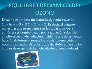EQUILIBRIO DEINAMICO DEL OZONOEl ozono se produce mediante la siguiente reacción:O2 + hν − > O + OO+ O2 − > O3 Es decir, el oxígeno molecular que se encuentra en las capas altas de la atmósfera es bombardeado por la radiación solar. Del amplio espectro de radiación incidente una determinada fracción de fotones cumple los requisitos energéticos necesarios para catalizar la rotura del doble enlace de los átomos de oxígeno de la molécula de oxígeno molecular.