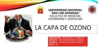 LA CAPA DE OZONO
ASIGNATURA: SANEAMIENTO AMBIENTAL
DOCENTE: DR. NARVAEZ REYES, MANUEL
ALUMNA: ANCULLE ORIHUELA, MEDALY
CICLO: VII
UNIVERSIDAD NACIONAL
“SAN LUIS GONZAGA”
FACULTAD DE MEDICINA
VETERINARIA Y ZOOTECNIA
 
