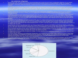 Las sustancias milagrosas Durante medio siglo, las sustancias químicas más perjudiciales para la capa de ozono fueron consideradas milagrosas, de una utilidad incomparable para la industria y los consumidores e inocuas para los seres humanos y el medio ambiente. Inertes, muy estables, ni inflamables ni venenosos, fáciles de almacenar y baratos de producir, los clorofluorocarbonos (CFC) parecían ideales para el mundo moderno.  No sorprende, entonces, que su uso se haya generalizado más y más. Inventados casi por casualidad en 1928, se los usó inicialmente como líquido frigorígeno de los refrigeradores. A partir de 1950, han sido usados como gases propulsores en los aerosoles. La revolución informática permitió que se usaran como solventes de gran eficacia, debido a que pueden limpiar los circuitos delicados sin dañar sus bases de plástico. Y la revolución de la comida al rápida los utilizó para dar cohesión al material alveolar de los vasos y recipientes desechables. La mayor parte de los CFC producidos en el mundo se utilizan en refrigeradores, congeladores, acondicionadores de aire, aerosoles y plásticos expansibles, que tienen múltiples usos en la construcción, la industria automotriz y la fabricación de envases, la limpieza y funciones similares. La estructura estable de estas sustancias, tan útil en la Tierra, les permite atacar la capa de ozono. Sin cambio alguno, flotan lentamente hasta la estratosfera, donde la intensa radiación UVC rompe sus enlaces químicos. Así se libera el cloro, que captura un átomo de la molécula de ozono y lo convierte en oxígeno común. El cloro actúa como catalizador y provoca esta destrucción sin sufrir ningún cambio permanente él mismo, de modo que puede repetir el proceso. En estas condiciones, cada molécula de CFC destruye miles de moléculas de ozono. Los halones, con una estructura semejante a la de los CFC, pero que contienen átomos de bromo en vez de cloro, son aún más dañinos. Los halones se usan principalmente como extintores de incendios, y una dosis de exposición por superior destruyen más ozono que los CFC. Las concentraciones de halones si bien muy pequeñas se duplican en la atmósfera cada cinco años. También están aumentando con rapidez los CFC más dañinos; las concentraciones de CFC 11 y CFC 12 (el más común), se duplican cada diecisiete años y el CFC 13 se duplica cada seis años. Las sustancias químicas más peligrosas tienen una vida muy larga. El CFC I dura en la atmósfera un promedio de setenta y cuatro años, el CFC 12 tiene una vida media de ciento once años, el CFC 113 permanece durante unos noventa años y el halón 1301 dura un promedio de ciento diez años. Esto les da tiempo suficiente para ascender a la estratosfera y permanecer allí, destruyendo el ozono. Otros compuestos de cloro y bromo, como el tetracloruro de carbono, el metil cloroformo y el bromuro de metilo, también son dañinos para la capa de ozono. El tetracloruro de carbono, que también se usa para combatir incendios, y para los pesticidas, la limpieza en seco y los fumigantes para cereales, es algo más destructivo que el más dañino de los CFC. El metilcloroformo muy usado para la limpieza de metales, no es tan perjudicial, pero igualmente representa una amenaza, ya que su uso se duplica cada diez años. Los óxidos nitrosos, liberados por los fertilizantes nitrogenados y por la quema de combustibles fósiles, destruyen el ozono y tienen larga vida, pero sólo llegan a la estratosfera en proporciones muy pequeñas. Además, algunas de las sustancias desarrolladas para servir de sustitutos provisionales a los CFC, los HCFC (hidroclorofluorocarbonos) y los HBFC (hidrobromofluorocarbonos) también están destruyendo la capa de ozono, pero mucho menos que los CFC. Los aviones supersónicos y el transbordador espacial liberan respectivamente óxidos nitrosos y cloro en la atmósfera, pero los estudios indican un impacto insignificante. Se necesita un estudio más a fondo para poder calcular el impacto de los aviones supersónicos. 