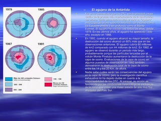 El agujero de la Antártida Ya se ha demostrado que los CFC son la principal causa detrás de la prueba más impresionante de la destrucción del ozono. Cada primavera austral se abre un "agujero" en la capa de ozono sobre la Antártida, tan extenso como los Estados Unidos y tan profundo como el Monte Everest. El agujero ha crecido casi todos los años, desde 1979. En los últimos años, el agujero ha aparecido cada año, excepto en 1988.   En 1992, cuando el agujero alcanzó su mayor tamaño, la destrucción del ozono alcanzó un 60% más que en las observaciones anteriores. El agujero cubría 60 millones de km2 comparado con 44 millones de km2. En 1992, el agujero se observó durante un periodo más largo, probablemente porque las partículas lanzadas por el volcán Monte Pinatubo aumentaron la destrucción de la capa de ozono. Evaluaciones de la capa de ozono en algunos puestos de observación en 1992 también demostraron la destrucción total de la capa de ozono entre los 14 y los 20 Km. de altura. Nadie sabe cuáles serán las consecuencias del agujero en la capa de ozono, pero la investigación científica exhaustiva no ha dejado dudas en cuanto a la responsabilidad de los CFC. Al parecer, su acción es favorecida por las condiciones meteorológicas exclusivas de la zona, que crean una masa aislada de aire muy frío alrededor del Polo Sur.  