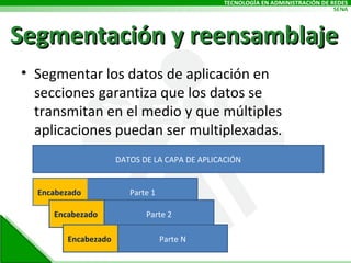 Segmentación y reensamblaje Segmentar los datos de aplicación en secciones garantiza que los datos se transmitan en el medio y que múltiples aplicaciones puedan ser multiplexadas. DATOS DE LA CAPA DE APLICACIÓN Parte 1 Encabezado   Parte 2 Encabezado  Parte N Encabezado  