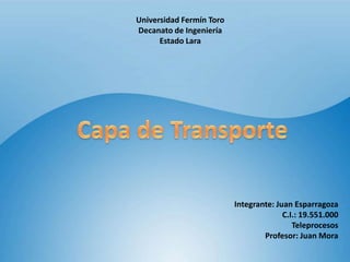 Universidad Fermín Toro
Decanato de Ingeniería
      Estado Lara




                          Integrante: Juan Esparragoza
                                        C.I.: 19.551.000
                                           Teleprocesos
                                  Profesor: Juan Mora
 
