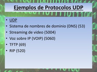 Ejemplos de Protocolos UDP
• UDP
• Sistema de nombres de dominio (DNS) (53)
• Streaming de video (5004)
• Voz sobre IP (VOIP) (5060)
• TFTP (69)
• RIP (520)
 