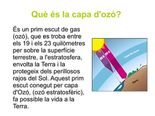 Què és la capa d'ozó?
És un prim escut de gas
(ozó), que es troba entre
els 19 i els 23 quilòmetres
per sobre la superfície
terrestre, a l'estratosfera,
envolta la Terra i la
protegeix dels perillosos
rajos del Sol. Aquest prim
escut conegut per capa
d'Ozó, (ozó estratosfèric),
fa possible la vida a la
Terra.
 