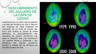 DESCUBRIMIENTO
DEL AGUJERO DE
LA CAPA DE
OZONO
A MEDIADOS DE LOS AÑOS 1980 SE EMPEZÓ
A ACUMULAR PRUEBAS DE QUE A FINALES
DEL INVIERNO SE HABÍA FORMADO UN
“AGUJERO” EN LA CAPA DE OZONO DEL
POLO SUR, DONDE EL OZONO SE HABÍA
REDUCIDO. EL DESCUBRIMIENTO DEL
"AGUJERO DE OZONO" ANTÁRTICO FUE
DADO A CONOCER POR LOS CIENTÍFICOS
JOE FARMAN, BRIAN G. GARDINER Y JON
SHANKLIN,
DEL
BRITISH
ANTARCTIC
SURVEY, A TRAVÉS DE UN ARTÍCULO EN
NATURE EN MAYO DE 1985

 