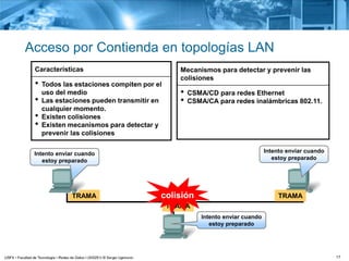 17
Acceso por Contienda en topologías LAN
TRAMA TRAMA
Intento enviar cuando
estoy preparado
Intento enviar cuando
estoy preparado
Intento enviar cuando
estoy preparado
TRAMA
colisión
Características
• Todos las estaciones compiten por el
uso del medio
• Las estaciones pueden transmitir en
cualquier momento.
• Existen colisiones
• Existen mecanismos para detectar y
prevenir las colisiones
Mecanismos para detectar y prevenir las
colisiones
• CSMA/CD para redes Ethernet
• CSMA/CA para redes inalámbricas 802.11.
 