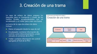 3. Creación de una trama
La capa de enlace de datos prepara los
paquetes para su transporte a través de los
medios locales, encapsulándolos con un
encabezado y un tráiler para crear una trama.
La trama de la capa de enlace de datos
incluye:
 Datos: el paquete desde la capa de red
 Encabezado: contiene información de
control, como direccionamiento, y está
ubicado al comienzo de la PDU
 Tráiler: contiene información de control
agregada al final de la PDU
 