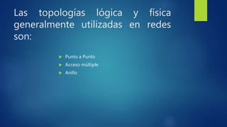 Las topologías lógica y física
generalmente utilizadas en redes
son:
 Punto a Punto
 Acceso múltiple
 Anillo
 