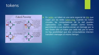 tokens
 En redes, un token es una serie especial de bits que
viajan por las redes token-ring. Cuando los token
circulan, las computadoras de la red pueden
capturarlos. Los token actúan como tickets,
permitiendo a sus dueños enviar un mensaje por la
red. Existe sólo un token por cada red, por lo tanto
no hay posibilidad que dos computadoras intenten
transferir mensajes al mismo tiempo.
 