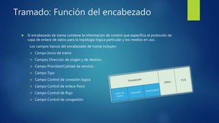Tramado: Función del encabezado
 El encabezado de trama contiene la información de control que especifica el protocolo de
capa de enlace de datos para la topología lógica particular y los medios en uso.
Los campos típicos del encabezado de trama incluyen:
 Campo Inicio de trama
 Campos Dirección de origen y de destino
 Campo Prioridad/Calidad de servicio
 Campo Tipo
 Campo Control de conexión lógica
 Campo Control de enlace físico
 Campo Control de flujo
 Campo Control de congestión
 