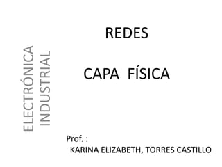 ELECTRÓNICA
INDUSTRIAL

REDES
CAPA FÍSICA

Prof. :
KARINA ELIZABETH, TORRES CASTILLO

 