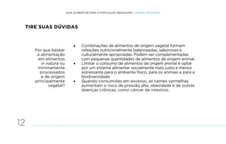 12
GUIA ALIMENTAR PARA A POPULAÇÃO BRASILEIRA • VERSÃO RESUMIDA
Por que basear
a alimentação
em alimentos
in natura ou
minimamente
processados
e de origem
principalmente
vegetal?
• Combinações de alimentos de origem vegetal formam
refeições nutricionalmente balanceadas, saborosas e
culturalmente apropriadas. Podem ser complementadas
com pequenas quantidades de alimentos de origem animal.
• Limitar o consumo de alimentos de origem animal é optar
por um sistema alimentar socialmente mais justo e menos
estressante para o ambiente físico, para os animais e para a
biodiversidade.
• Quando consumidas em excesso, as carnes vermelhas
aumentam o risco de pressão alta, obesidade e de outras
doenças crônicas, como câncer de intestino.
TIRE SUAS DÚVIDAS
.
.
.
.
.
.
.
.
.
.
.
.
.
.
.
.
.
.
.
.
.
.
.
.
.
.
.
.
.
.
.
.
.
.
.
.
.
.
.
.
.
.
.
.
.
.
.
.
.
.
.
.
.
.
.
.
.
.
.
.
.
.
.
.
.
.
.
.
.
.
.
.
.
.
.
.
.
.
.
.
.
.
.
.
.
 