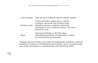 18
GUIA ALIMENTAR PARA A POPULAÇÃO BRASILEIRA • VERSÃO RESUMIDA
Leite e queijos Leite de vaca, coalhada, iogurte natural, queijos*
Carnes e ovos
Carnes vermelhas (gado, porco, cabrito,
cordeiro), carnes de aves (frango, pato),
pescados (peixes, crustáceos [camarão,
caranguejo e siri] e moluscos [polvo, lula, ostra,
marisco]), ovos
Água
Água pura (filtrada ou fervida), água
naturalmente presente em alimentos in natura
ou minimamente processados
*Queijos são consumidos como parte de preparações culinárias à base de
alimentos in natura ou minimamente processados, como na macarronada
com molho de tomate ou na polenta feita com farinha de milho.
 