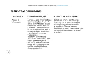 38
GUIA ALIMENTAR PARA A POPULAÇÃO BRASILEIRA • VERSÃO RESUMIDA
ENFRENTE AS DIFICULDADES
DIFICULDADE CUIDADO/ATENÇÃO O QUE VOCÊ PODE FAZER
Acesso à
informação
A maioria das informações e
recomendações divulgadas
sobre alimentação e saúde
(televisão, rádios, revistas
e internet) é questionável,
induz a modismos e leva à
depreciação de alimentos
e práticas alimentares
tradicionais.
Não raro, alimentação
saudável é confundida com
dietas para emagrecer.
Por vezes, matérias que se
dizem informativas são na
realidade publicidade de
ultraprocessados.
Este Guia é fonte confiável de
informações e recomendações
sobre alimentação adequada
e saudável. Discuta-as com
familiares, amigos e colegas e com
os profissionais de saúde que o
atendem.
 