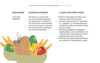 40
GUIA ALIMENTAR PARA A POPULAÇÃO BRASILEIRA • VERSÃO RESUMIDA
Custo das
refeições
No Brasil, o custo total
de uma refeição baseada
em alimentos in natura ou
minimamente processados
é menor do que o custo de
uma alimentação baseada
em ultraprocessados.
• Prefira variedades da safra, pois
sempre serão mais baratas.
Comprar alimentos em “sacolões”
ou “varejões” ou diretamente dos
produtores (feiras) também pode
reduzir custos.
• Mantenha geladeira e despensa
organizadas e use os alimentos com
o vencimento mais próximo. Evitar
desperdícios gera economia.
• Fora de casa, opte pela marmita ou
por comer em restaurantes a quilo.
DIFICULDADE CUIDADO/ATENÇÃO O QUE VOCÊ PODE FAZER
 