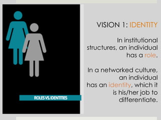 VISION 1: IDENTITY
In institutional
structures, an individual
has a role.
In a networked culture,
an individual
has an identity, which it
is his/her job to
differentiate.
 