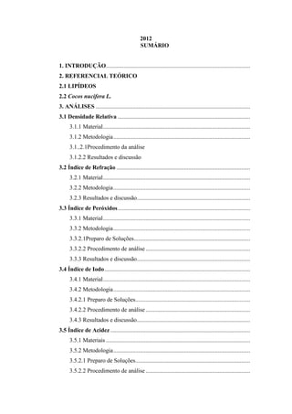 2012
                                                  SUMÁRIO


1. INTRODUÇÃO..................................................................................................
2. REFERENCIAL TEÓRICO
2.1 LIPÍDEOS
2.2 Cocos nucifera L.
3. ANÁLISES .........................................................................................................
3.1 Densidade Relativa ..........................................................................................
      3.1.1 Material ....................................................................................................
      3.1.2 Metodologia .............................................................................................
      3.1..2.1Procedimento da análise
      3.1.2.2 Resultados e discussão
3.2 Índice de Refração ...........................................................................................
      3.2.1 Material ....................................................................................................
      3.2.2 Metodologia .............................................................................................
      3.2.3 Resultados e discussão.............................................................................
3.3 Índice de Peróxidos ..........................................................................................
      3.3.1 Material ....................................................................................................
      3.3.2 Metodologia .............................................................................................
      3.3.2.1Preparo de Soluções...............................................................................
      3.3.2.2 Procedimento de análise .......................................................................
      3.3.3 Resultados e discussão.............................................................................
3.4 Índice de Iodo ...................................................................................................
      3.4.1 Material ....................................................................................................
      3.4.2 Metodologia .............................................................................................
      3.4.2.1 Preparo de Soluções..............................................................................
      3.4.2.2 Procedimento de análise .......................................................................
      3.4.3 Resultados e discussão.............................................................................
3.5 Índice de Acidez ...............................................................................................
      3.5.1 Materiais ..................................................................................................
      3.5.2 Metodologia .............................................................................................
      3.5.2.1 Preparo de Soluções..............................................................................
      3.5.2.2 Procedimento de análise .......................................................................
 