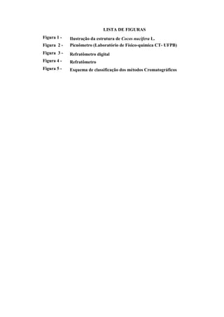 LISTA DE FIGURAS
Figura 1 -   Ilustração da estrutura de Cocos nucifera L.
Figura 2 -   Picnômetro (Laboratório de Físico-química CT- UFPB)
Figura 3 -   Refratômetro digital
Figura 4 -   Refratômetro
Figura 5 -   Esquema de classificação dos métodos Cromatográficos
 