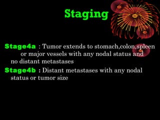 Staging
Stage4a : Tumor extends to stomach,colon,spleen
or major vessels with any nodal status and
no distant metastases
Stage4b : Distant metastases with any nodal
status or tumor size
 