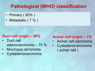 Pathological (WHO) classification
• Primary ( 93% )
• Metastatic ( 7 % )
Duct cell origin – 90%
• Duct cell
adenocarcinoma – 75 %
• Mucinous carcinoma
• Cystadenocarcinoma
Acinar cell origin – 1%
• Acinar cell carcinoma
• Cystadenocarcinoma
( acinar cell )
 