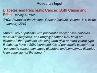 Research Input
Diabetes and Pancreatic Cancer: Both Cause and
Effect Harvey A Risch
JNCI: Journal of the National Cancer Institute, Volume 111, Issue
1, January 2019
“About 25% of patients with pancreatic cancer have diabetes
mellitus at diagnosis, and roughly another 40% have pre-
diabetes,” that “patients with long-term (five or more years) type
II diabetes have a 50% increased risk of pancreatic cancer” and
“pancreatic cancer can cause diabetes, and sometimes diabetes
is an early sign of the tumor.”
 