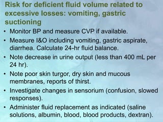 Risk for deficient fluid volume related to
excessive losses: vomiting, gastric
suctioning
• Monitor BP and measure CVP if available.
• Measure I&O including vomiting, gastric aspirate,
diarrhea. Calculate 24-hr fluid balance.
• Note decrease in urine output (less than 400 mL per
24 hr).
• Note poor skin turgor, dry skin and mucous
membranes, reports of thirst.
• Investigate changes in sensorium (confusion, slowed
responses).
• Administer fluid replacement as indicated (saline
solutions, albumin, blood, blood products, dextran).
 
