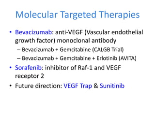 Molecular Targeted Therapies
• Bevacizumab: anti-VEGF (Vascular endothelial
growth factor) monoclonal antibody
– Bevacizumab + Gemcitabine (CALGB Trial)
– Bevacizumab + Gemcitabine + Erlotinib (AVITA)
• Sorafenib: inhibitor of Raf-1 and VEGF
receptor 2
• Future direction: VEGF Trap & Sunitinib
 