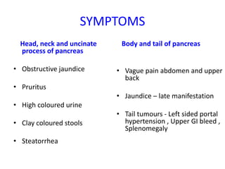 SYMPTOMS
Head, neck and uncinate
process of pancreas
• Obstructive jaundice
• Pruritus
• High coloured urine
• Clay coloured stools
• Steatorrhea
Body and tail of pancreas
• Vague pain abdomen and upper
back
• Jaundice – late manifestation
• Tail tumours - Left sided portal
hypertension , Upper GI bleed ,
Splenomegaly
 