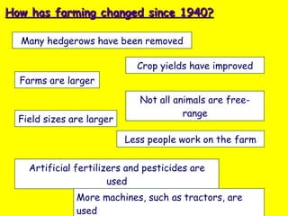 Many hedgerows have been removed How has farming changed since 1940? Farms are larger Field sizes are larger Less people work on the farm Crop yields have improved Artificial fertilizers and pesticides are used More machines, such as tractors, are used Not all animals are free-range 