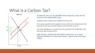 What is a Carbon Tax?
If external cost can be identified and measured, a tax can be
levied on the responsible party.
Suppose that a carbon tax is added into the price.
For a given quantity, the supplier's price will be the old price plus the
amount of the tax, and the supply curve will shift up to S*.
The new equilibrium is at point B, the quantity is the target Q1, and
the price will increase to P1.
After the tax, private cost will match social cost, so a more
efficient allocation of resources arises - higher price and lower
output
 