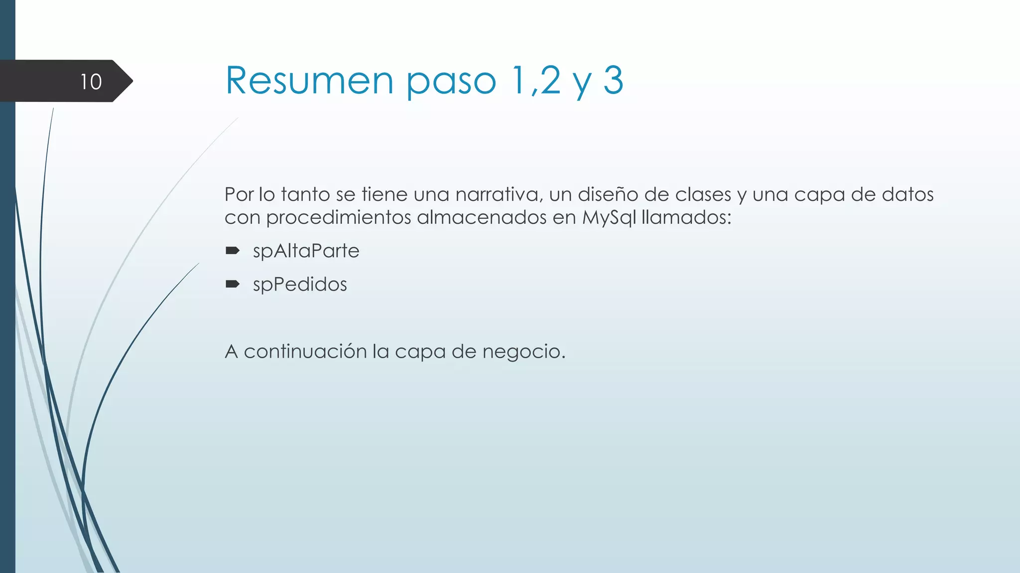 10

Resumen paso 1,2 y 3
Por lo tanto se tiene una narrativa, un diseño de clases y una capa de datos
con procedimientos almacenados en MySql llamados:
 spAltaParte
 spPedidos
A continuación la capa de negocio.

 