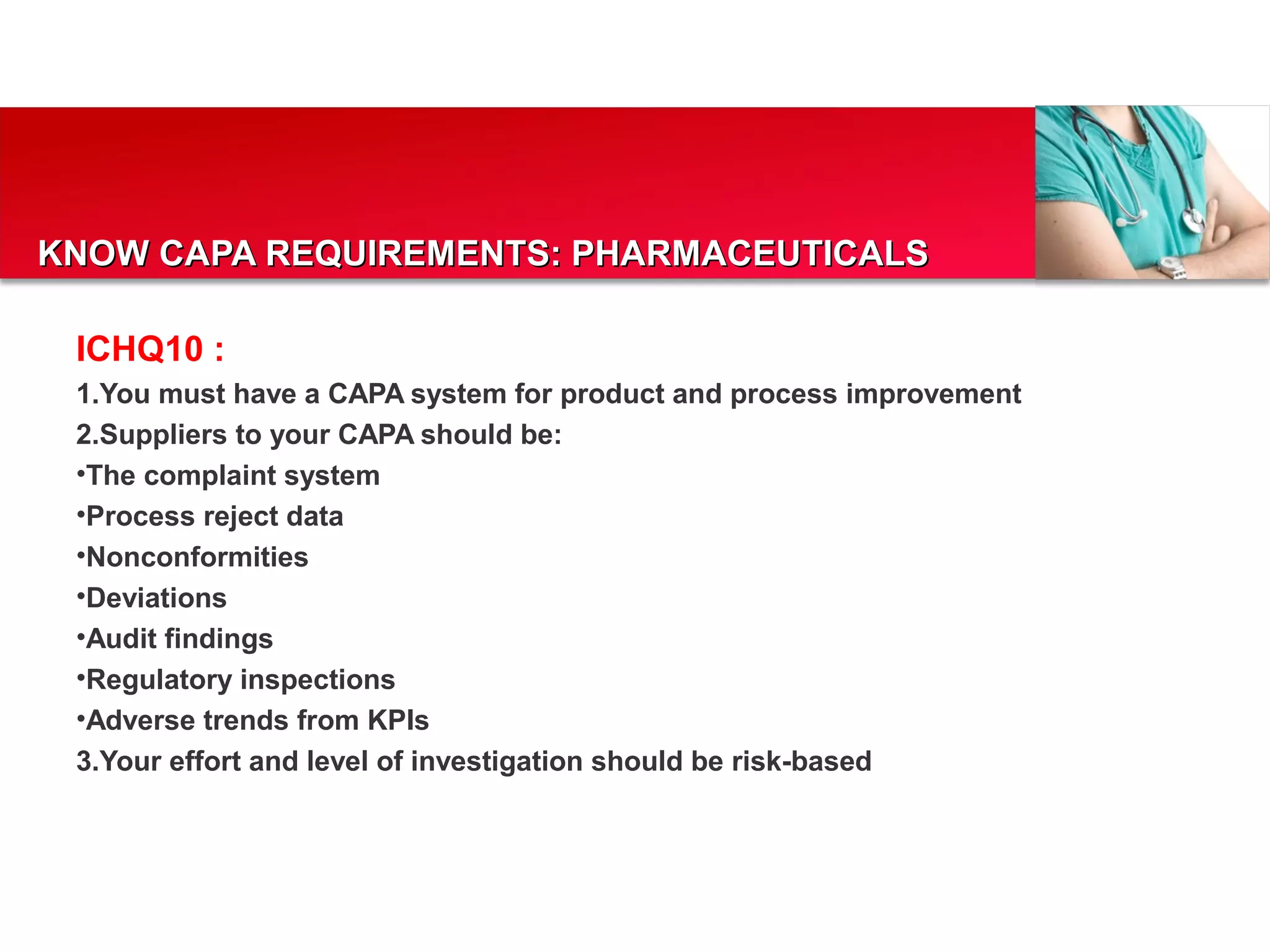 KNOW CAPA REQUIREMENTS: PHARMACEUTICALSKNOW CAPA REQUIREMENTS: PHARMACEUTICALS
ICHQ10 :
1.You must have a CAPA system for product and process improvement
2.Suppliers to your CAPA should be:
•The complaint system
•Process reject data
•Nonconformities
•Deviations
•Audit findings
•Regulatory inspections
•Adverse trends from KPIs
3.Your effort and level of investigation should be risk-based
 