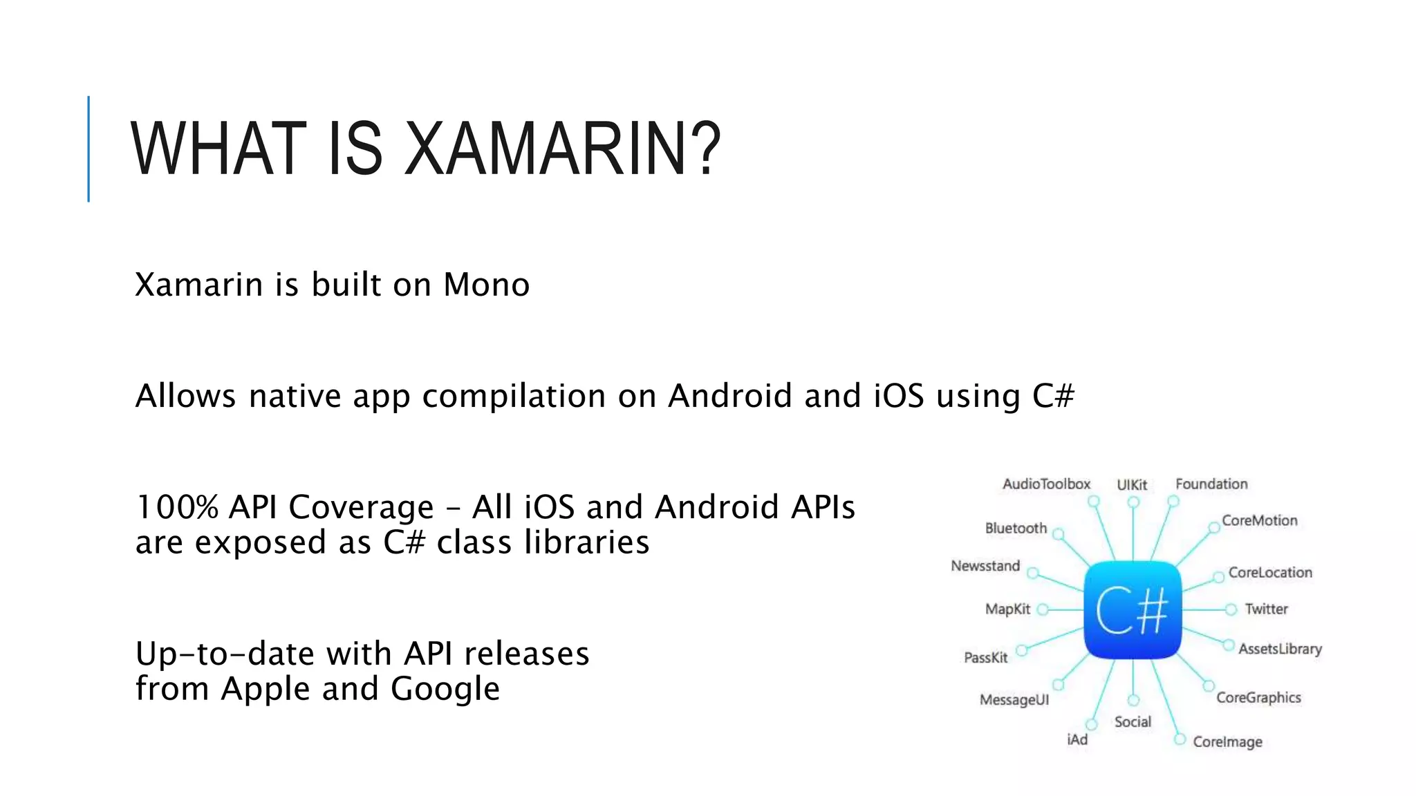 WHAT IS XAMARIN? Xamarin is built on Mono Allows native app compilation on Android and iOS using C# 100% API Coverage – All iOS and Android APIs are exposed as C# class libraries Up-to-date with API releases from Apple and Google 