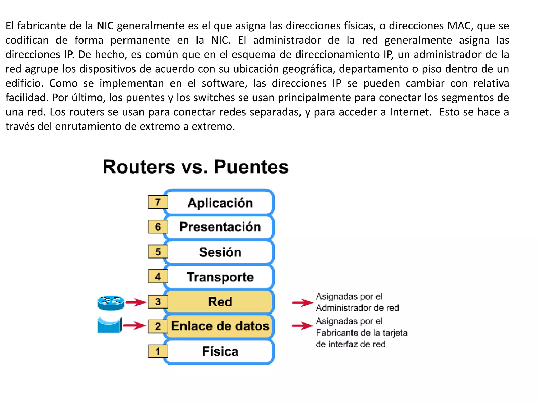 El fabricante de la NIC generalmente es el que asigna las direcciones físicas, o direcciones MAC, que se
codifican de forma permanente en la NIC. El administrador de la red generalmente asigna las
direcciones IP. De hecho, es común que en el esquema de direccionamiento IP, un administrador de la
red agrupe los dispositivos de acuerdo con su ubicación geográfica, departamento o piso dentro de un
edificio. Como se implementan en el software, las direcciones IP se pueden cambiar con relativa
facilidad. Por último, los puentes y los switches se usan principalmente para conectar los segmentos de
una red. Los routers se usan para conectar redes separadas, y para acceder a Internet. Esto se hace a
través del enrutamiento de extremo a extremo.
 