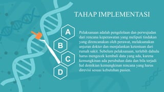 TAHAP IMPLEMENTASI
A
B
C
D
Pelaksanaan adalah pengelolaan dan perwujudan
dari rencana keperawatan yang meliputi tindakan
yang direncanakan oleh perawat, melaksanakan
anjuran dokter dan menjalankan ketentuan dari
rumah sakit. Sebelum pelaksanaan, terlebih dahulu
harus mengecek kembali data yang ada, karena
kemungkinan ada perubahan data dan bila terjadi
hal demikian kemungkinan rencana yang harus
direvisi sesuai kebutuhan pasien.
 