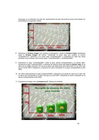 28
preocupes si no entiendes muy bien las características de esta herramienta porque será tratada con
profundidad en la siguiente Unidad.
8. Activamos la Ventana imagen que contiene el pictograma y desde la Ventana Capas arrastramos
sobre la Ventana Imagen del archivo "reciclar.jpg" la única capa que contiene el archivo
"contenedor.xcf". Llamamos a la nueva capa "contenedor2001" y duplicamos la capa dos veces
poniendo como nombres a las nuevas capas, "contenedor2003" y "contenedor2005".
9. Colocamos la capa "contenedor2001" sobre la guía vertical correspondiente a la abcisa 2001.
Activamos la capa "contenedor2003" y haciendo clic derecho sobre ella elegimos Escalar capa. En la
altura de la imagen ponemos 124 que es la altura que debe tener para marcar 620 Tm (un 24% más
que en el año 2001). Aceptamos y colocamos el nuevo contenedor en la guía correspondiente al año
2003.
10. Por último seleccionamos la capa "contenedor2005" y aplicamos una escala de capa con el valor 160
en altura que corresponde a un 60% más que en el año 2001. Colocamos el nuevo contenedor en la
abcisa correspondiente al año 2005.
11. Guardamos el trabajo como "pictograma.xcf". Observa el resultado:
 