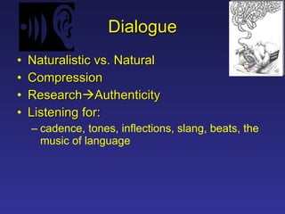 Dialogue Naturalistic vs. Natural Compression Research  Authenticity Listening for:  cadence, tones, inflections, slang, beats, the music of language 