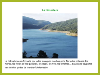 La hidrosfera
La hidrosfera está formada por todas las aguas que hay en la Tierra:los océanos, los
mares, los hielos de los glaciares, los lagos, los ríos, los torrentes… Esta capa ocupa las
tres cuartas partes de la superficie terrestre.
 