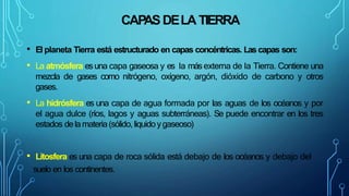 CAP
ASDELA TIERRA
• El planeta Tierra está estructurado en capas concéntricas. Las capas son:
• La atmósfera esuna capa gaseosa y es la másexterna de la Tierra. Contiene una
mezcla de gases como nitrógeno, oxígeno, argón, dióxido de carbono y otros
gases.
• La hidrósfera es una capa de agua formada por las aguas de los océanos y por
el agua dulce (ríos, lagos y aguas subterráneas). Se puede encontrar en los tres
estados delamateria(sólido, liquido ygaseoso)
• Litosfera es una capa de roca sólida está debajo de los océanos y debajo del
suelo en los continentes.
 