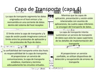 Capa de Transporte (capa 4)
La capa de transporte segmenta los datos
originados en el host emisor y los
reensambla en una corriente de datos
dentro del sistema del host receptor.

Mientras que las capas de
aplicación, presentación y sesión están
relacionadas con asuntos de
aplicaciones, las cuatro capas inferiores
se encargan del transporte de datos.

El límite entre la capa de transporte y la
capa de sesión puede imaginarse como el
límite entre los protocolos de aplicación y
los protocolos de flujo de datos.

La capa de transporte intenta
suministrar un servicio de transporte
de datos que aísla las capas superiores
de los detalles de implementación del
transporte

la confiabilidad del transporte entre dos hosts
es responsabilidad de la capa de transporte.
Al proporcionar un servicio de
comunicaciones, la capa de transporte
establece, mantiene y termina
adecuadamente los circuitos virtuales.

Al proporcionar un servicio
confiable, se utilizan dispositivos de
detección y recuperación de errores de
transporte

 