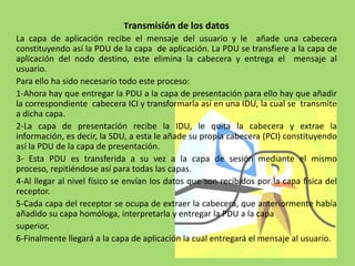 Transmisión de los datos
La capa de aplicación recibe el mensaje del usuario y le añade una cabecera
constituyendo así la PDU de la capa de aplicación. La PDU se transfiere a la capa de
aplicación del nodo destino, este elimina la cabecera y entrega el mensaje al
usuario.
Para ello ha sido necesario todo este proceso:
1-Ahora hay que entregar la PDU a la capa de presentación para ello hay que añadir
la correspondiente cabecera ICI y transformarla así en una IDU, la cual se transmite
a dicha capa.
2-La capa de presentación recibe la IDU, le quita la cabecera y extrae la
información, es decir, la SDU, a esta le añade su propia cabecera (PCI) constituyendo
así la PDU de la capa de presentación.
3- Esta PDU es transferida a su vez a la capa de sesión mediante el mismo
proceso, repitiéndose así para todas las capas.
4-Al llegar al nivel físico se envían los datos que son recibidos por la capa física del
receptor.
5-Cada capa del receptor se ocupa de extraer la cabecera, que anteriormente había
añadido su capa homóloga, interpretarla y entregar la PDU a la capa
superior.
6-Finalmente llegará a la capa de aplicación la cual entregará el mensaje al usuario.

 