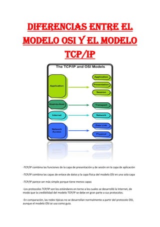 DIFERENCIAS ENTRE EL
MODELO OSI Y EL MODELO
TCP/IP
-TCP/IP combina las funciones de la capa de presentación y de sesión en la capa de aplicación
-TCP/IP combina las capas de enlace de datos y la capa física del modelo OSI en una sola capa
-TCP/IP parece ser más simple porque tiene menos capas
-Los protocolos TCP/IP son los estándares en torno a los cuales se desarrolló la Internet, de
modo que la credibilidad del modelo TCP/IP se debe en gran parte a sus protocolos.
-En comparación, las redes típicas no se desarrollan normalmente a partir del protocolo OSI,
aunque el modelo OSI se usa como guía.
 