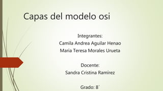 Capas del modelo osi
Integrantes:
Camila Andrea Aguilar Henao
Maria Teresa Morales Urueta
Docente:
Sandra Cristina Ramírez
Grado: 8´
 