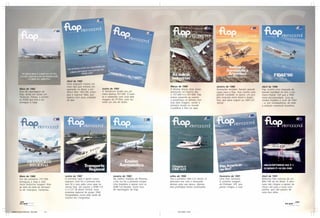 Abril de 1983
                                             Uma maquete mostra um
                                             novo tipo que entraria em                                                  Março de 1988                        Janeiro de 1989                       Abril de 1990
          Maio de 1982                       operação no Brasil: o bri-      Junho de 1983                              A Boeing lançou duas novas           Ilustrações também fizeram grande     Flap mostra uma maquete da
          Furo de reportagem da              tânico BAe 146-100, entre-      A Transbrasil recebe seu pri-              aeronaves no mesmo dia:              capas para a Flap. Esta mostra uma    grande novidade do ano: o pri-
          Flap: ainda em testes em           gue à regional Taba, que        meiro Boeing 767-200. O even-              o 737-400 e o 747-400. Flap          grande novidade na época: um pro-     meiro Fokker 100 que a TAM
          Toulouse, França, o primei-        operou com duas unidades        to é celebrado com uma bela                esteve presente ao evento            jeto conjunto entre Brasil e Argen-   tinha encomendado. Essa ae-
          ro A300 que viria a ser            do tipo.                        imagem do PT-TAA, visto du-                e presenteou os leitores com         tina, que daria origem ao CBA-123     ronave mudaria a sorte da TAM
          entregue à Vasp.                                                   rante um vôo de testes.                    esta bela imagem, sendo a            Vector.                               – e, por conseqüência, de toda
                                                                                                                        primeira revista no mundo                                                  a aviação comercial brasileira.
                                                                                                                        a publicar a foto na capa.




          Maio de 1986                      Junho de 1987                             Janeiro de 1983                   Julho de 1990                          Fevereiro de 1991                   Abril de 1991
          Um dos primeiros 737-300          A primeira capa a gente nunca             Na melhor tradição da Pioneira,   Voa o primeiro CBA-123 Vector. A       Uma foto raríssima.                 Belíssima foto noturna de um
          entregues à Vasp é visto          esquece. Esta foi a primeira foto         a Rio Sul foi a primeira compa-   aeronave era cara e avançada           A primeira imagem                   BAe-146 da Air Brasil. A aero-
          nesta belíssima imagem feita      que fiz e que valeu uma capa na           nhia brasileira a operar com os   demais para sua época. Apenas          do Embraer 145, que                 nave não chegou a operar ne-
          ao lado da pista do Aeropor-      revista Flap. Ela mostra o EMB-110        EMB-120 Brasilia. Outro furo      dois protótipos foram construídos.     jamais chegou a voar.               nhum vôo para a nova com-
          to de Viracopos, Campinas.        e o F.27 da Brasil Central, nova          de reportagem da Flap.                                                                                       panhia, que não passou de
                                            empresa regional do grupo TAM,                                                                                                                         uma boa idéia.
                                            fotografados numa bela tarde de
                                            outono em Congonhas.
          102                                                                                                                                                                                                                       103




Materia Capas Historicas - Gian.p65   6-7                                                                                      22/11/2007, 13:25
 