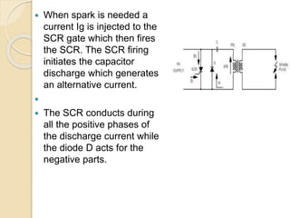  When spark is needed a
current Ig is injected to the
SCR gate which then fires
the SCR. The SCR firing
initiates the capacitor
discharge which generates
an alternative current.

 The SCR conducts during
all the positive phases of
the discharge current while
the diode D acts for the
negative parts.
 