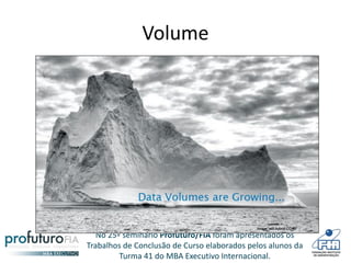 No 25º seminário Profuturo/FIA foram apresentados os
Trabalhos de Conclusão de Curso elaborados pelos alunos da
Turma 41 do MBA Executivo Internacional.
Volume
 