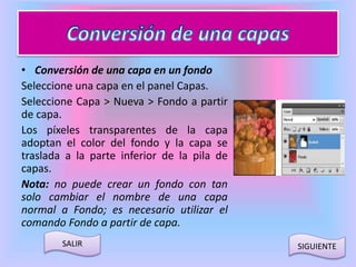 • Conversión de una capa en un fondo 
Seleccione una capa en el panel Capas. 
Seleccione Capa > Nueva > Fondo a partir 
de capa. 
Los píxeles transparentes de la capa 
adoptan el color del fondo y la capa se 
traslada a la parte inferior de la pila de 
capas. 
Nota: no puede crear un fondo con tan 
solo cambiar el nombre de una capa 
normal a Fondo; es necesario utilizar el 
comando Fondo a partir de capa. 
SALIR SIGUIENTE 
 