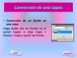 • Conversión de un fondo en 
una capa 
Haga doble clic en Fondo en el 
panel Capas o elija Capa > 
Nueva > Capa a partir de fondo. 
SALIR SIGUIENTE 
 