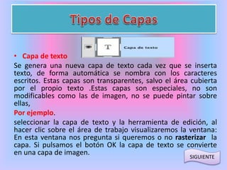 • Capa de texto 
Se genera una nueva capa de texto cada vez que se inserta 
texto, de forma automática se nombra con los caracteres 
escritos. Estas capas son transparentes, salvo el área cubierta 
por el propio texto .Estas capas son especiales, no son 
modificables como las de imagen, no se puede pintar sobre 
ellas, 
Por ejemplo. 
seleccionar la capa de texto y la herramienta de edición, al 
hacer clic sobre el área de trabajo visualizaremos la ventana: 
En esta ventana nos pregunta si queremos o no rasterizar la 
capa. Si pulsamos el botón OK la capa de texto se convierte 
en una capa de imagen. 
SIGUIENTE 
 